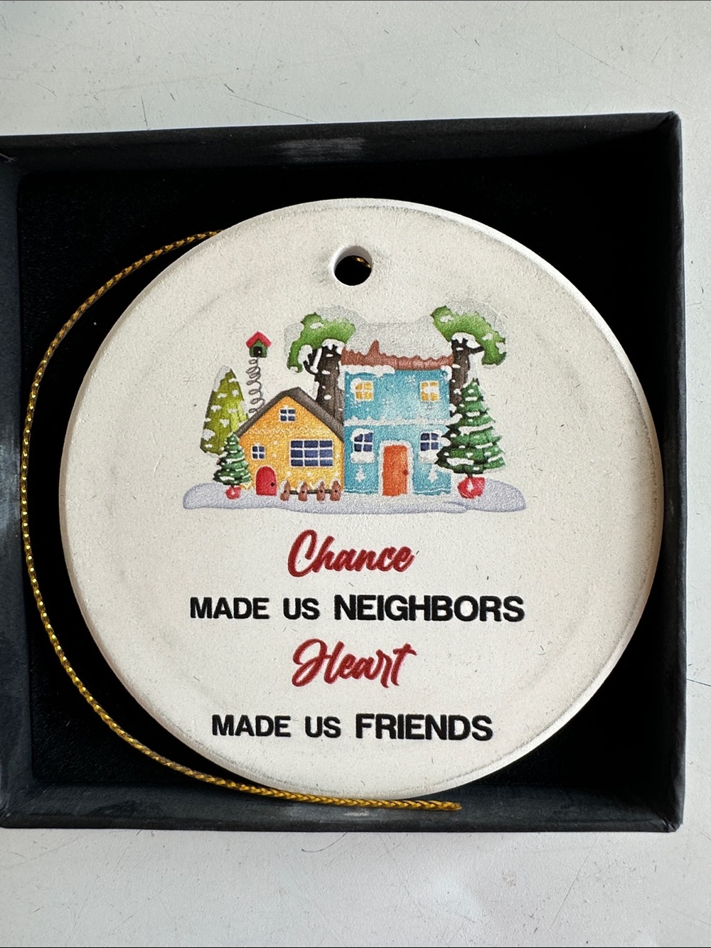 Home Holiday Ceramic Ornament with Winter Village Design - White